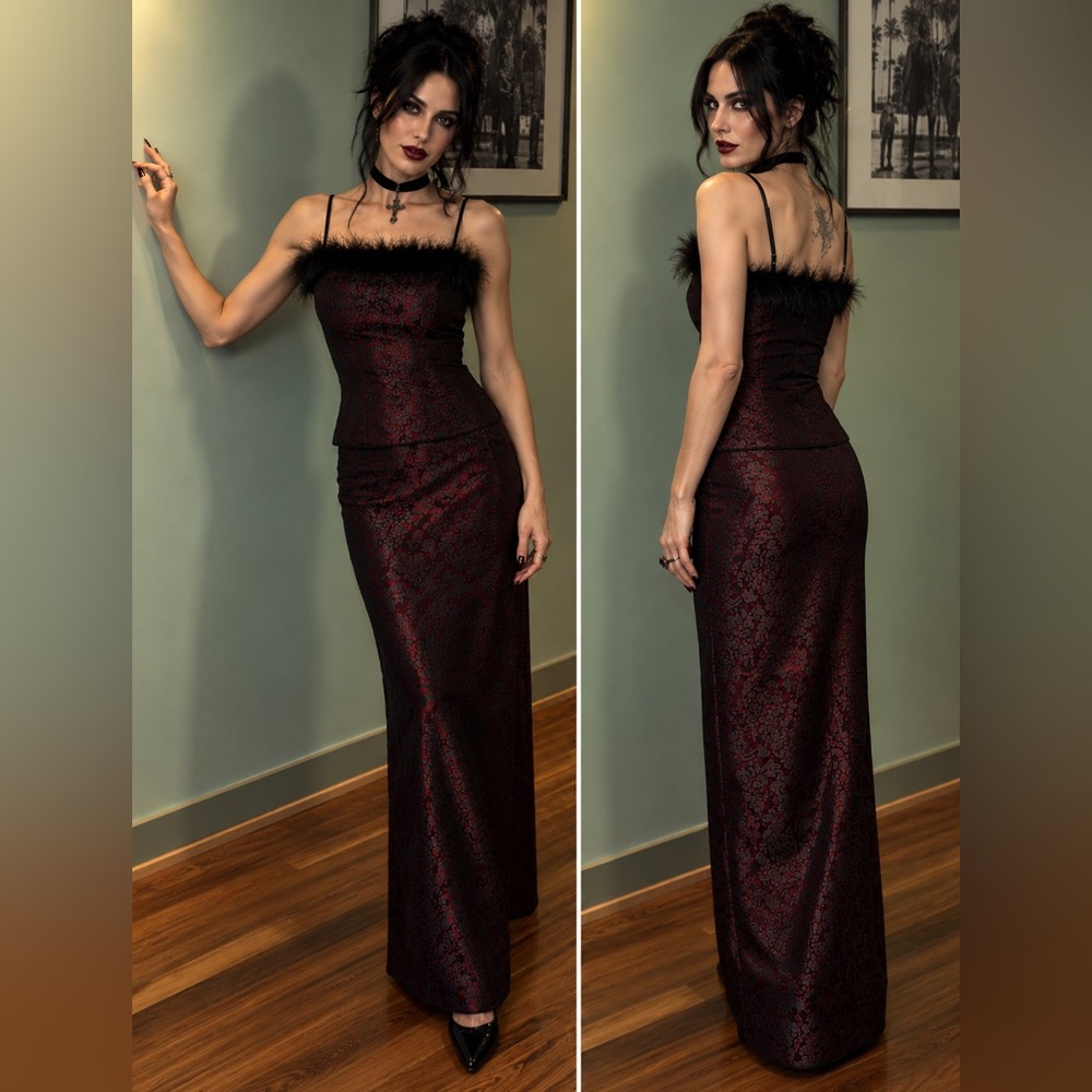 Vintage 1999 Bebe Iridescent Goth Feather 2 Piece Maxi Set USA S/M